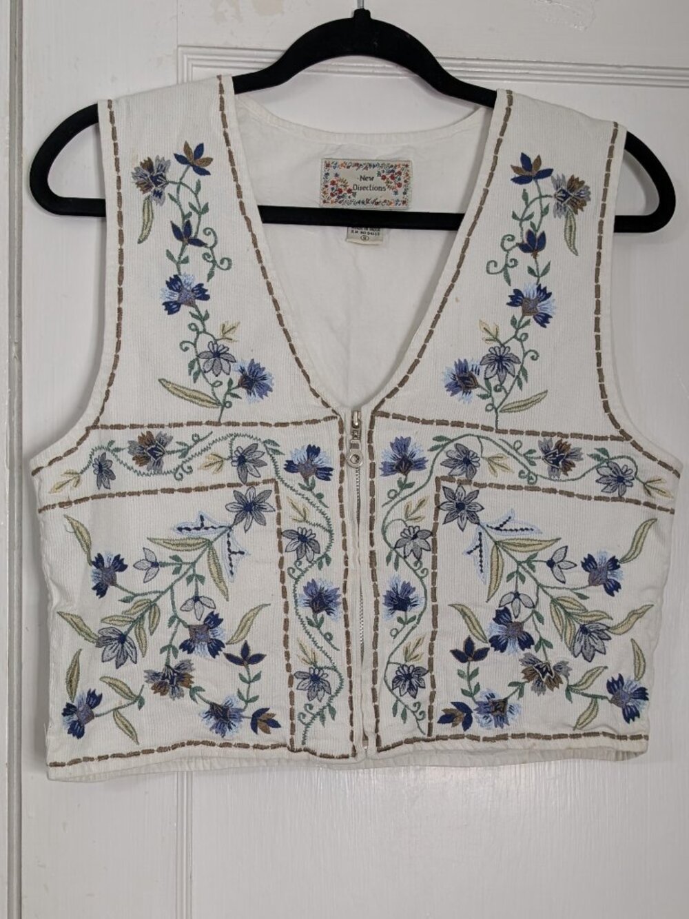 Vintage 90s New Directions White Blue Floral Embroidered Vest Women's Small Boho